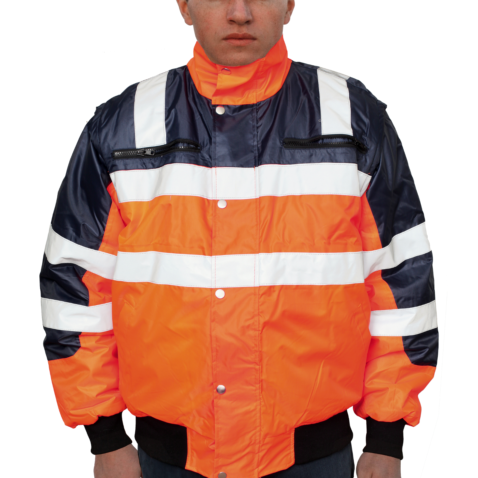 3-in-1 Hi Vis Safety Bomber Jacket Waterproof Reflective Quilted - Orange Navy - L