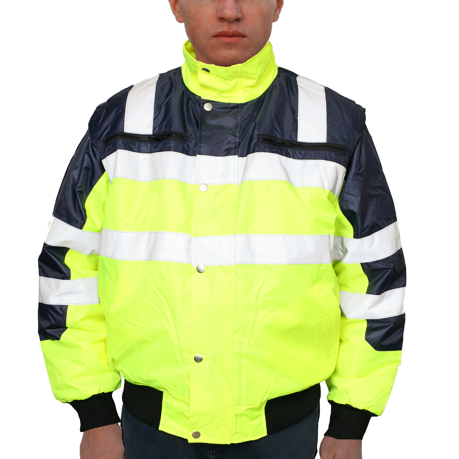3-in-1 Hi Vis Safety Bomber Jacket Waterproof Reflective Quilted - Yellow/Navy - L