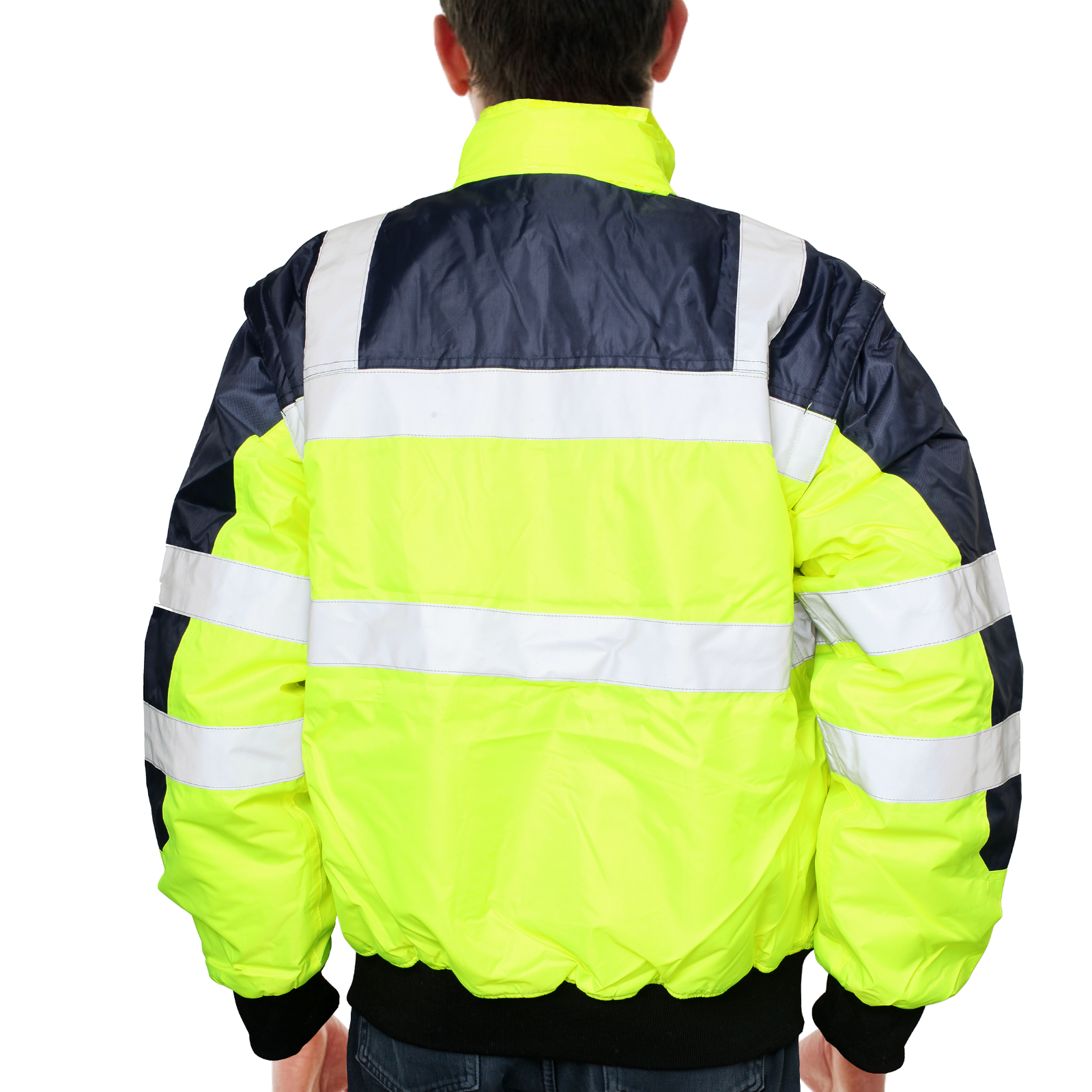 3-in-1 Hi Vis Safety Bomber Jacket Waterproof Reflective Quilted - Yellow/Navy - M