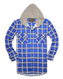Mens Cotton Flannelette Shirt w Jersey Hood Long Sleeve Flannel - Spanish Blue - 4XL