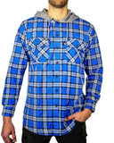 Men's Shirts: Mens Cotton Flannelette Shirt w Jersey Hood Long Sleeve Flannel - Spanish Blue - 6XL