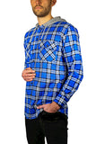 Men's Shirts: Mens Cotton Flannelette Shirt w Jersey Hood Long Sleeve Flannel - Spanish Blue - 6XL