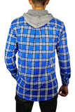 Men's Shirts: Mens Cotton Flannelette Shirt w Jersey Hood Long Sleeve Flannel - Spanish Blue - 6XL