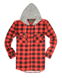 Mens Cotton Flannelette Shirt w Jersey Hood Long Sleeve Flannel - Red/Black - 3XL
