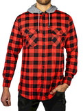 Men's Shirts: Mens Cotton Flannelette Shirt w Jersey Hood Long Sleeve Flannel - Red/Black - XL