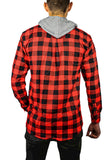 Men's Shirts: Mens Cotton Flannelette Shirt w Jersey Hood Long Sleeve Flannel - Red/Black - XL