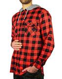 Men's Shirts: Mens Cotton Flannelette Shirt w Jersey Hood Long Sleeve Flannel - Red/Black - XL