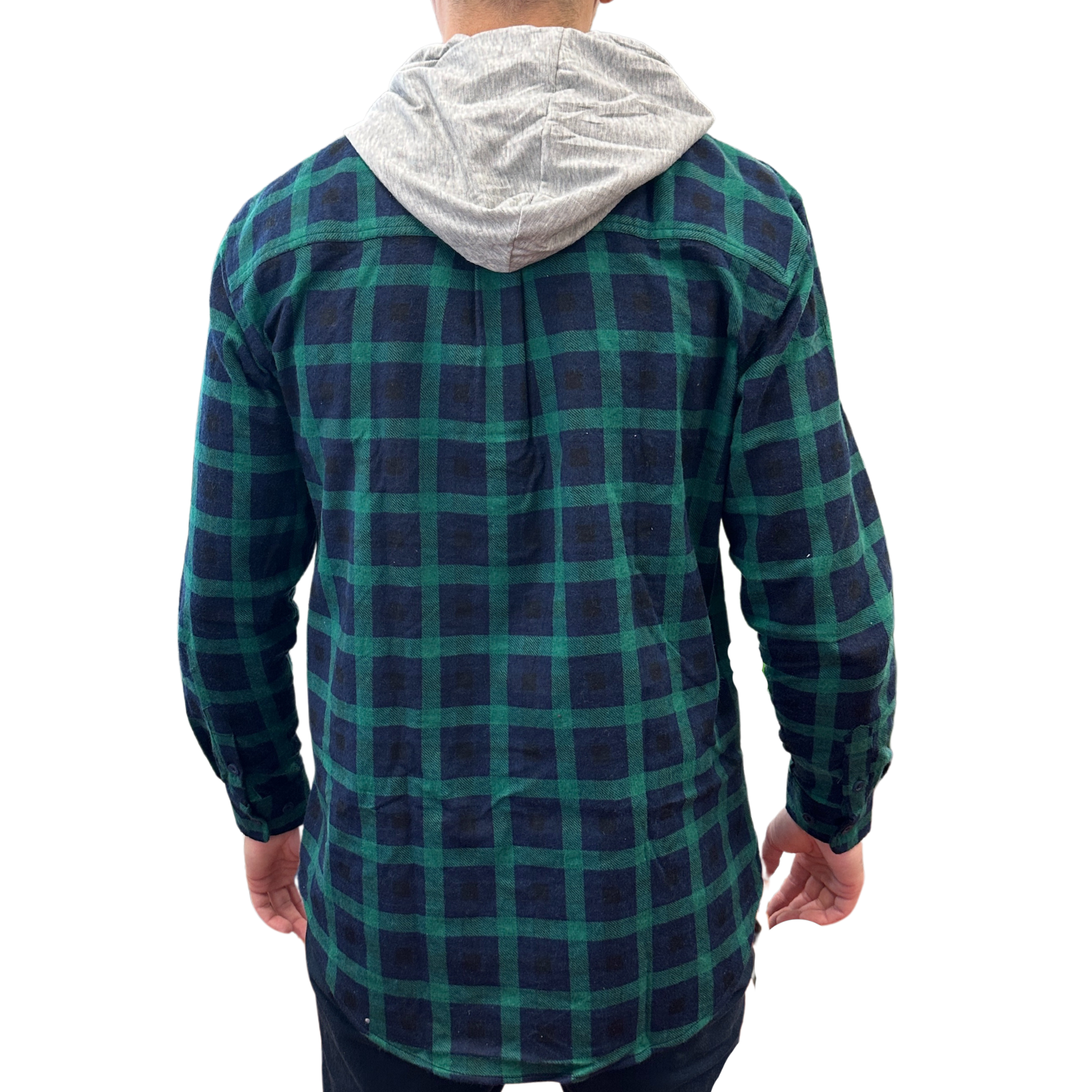 Mens Cotton Flannelette Shirt w Jersey Hood Long Sleeve Flannel - Green - L
