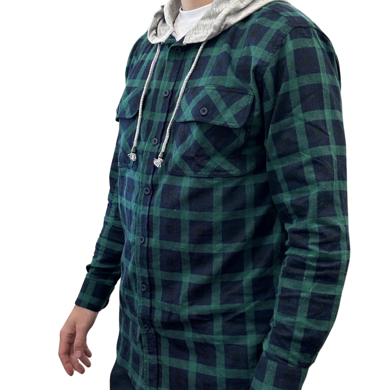 Mens Cotton Flannelette Shirt w Jersey Hood Long Sleeve Flannel - Green - L