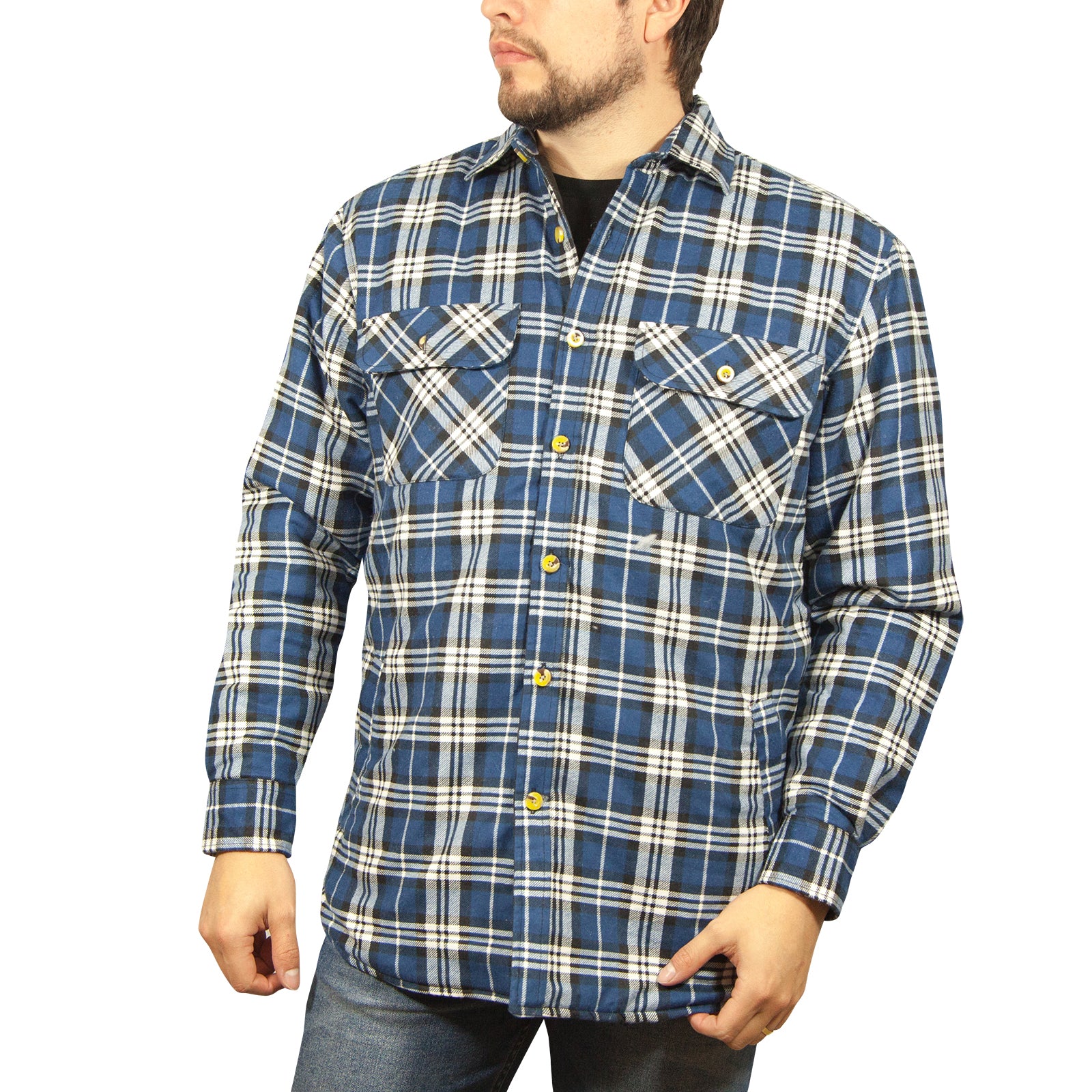 Men's Coats & Jackets: Jacksmith Quilted Flannelette Shirt Mens Jacket 100% Cotton Padded Warm Winter Flannel - Navy/Light Blue - 3XL