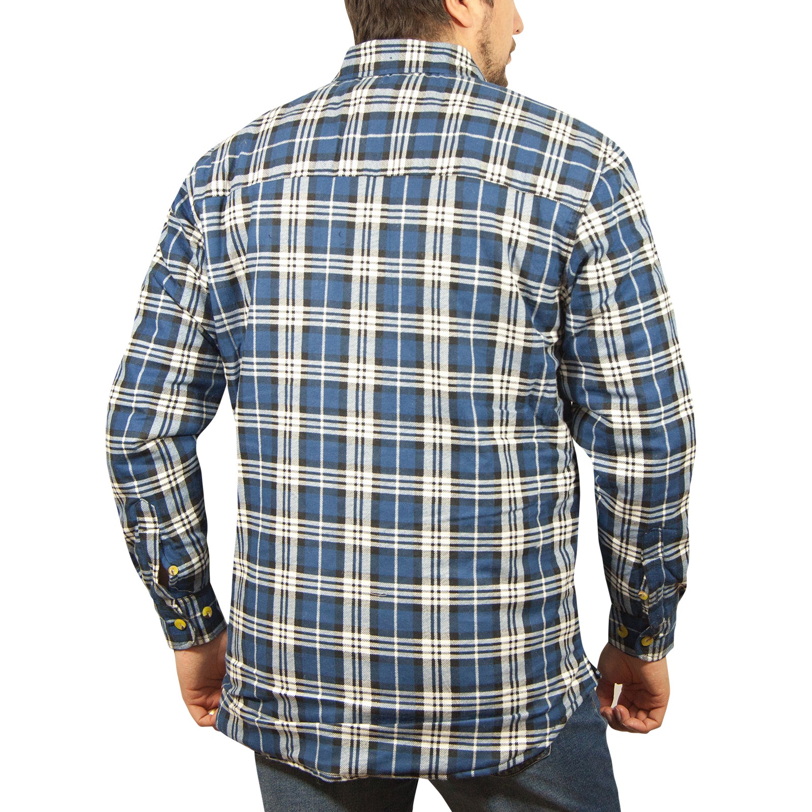 Men's Coats & Jackets: Jacksmith Quilted Flannelette Shirt Mens Jacket 100% Cotton Padded Warm Winter Flannel - Navy/Light Blue - 3XL