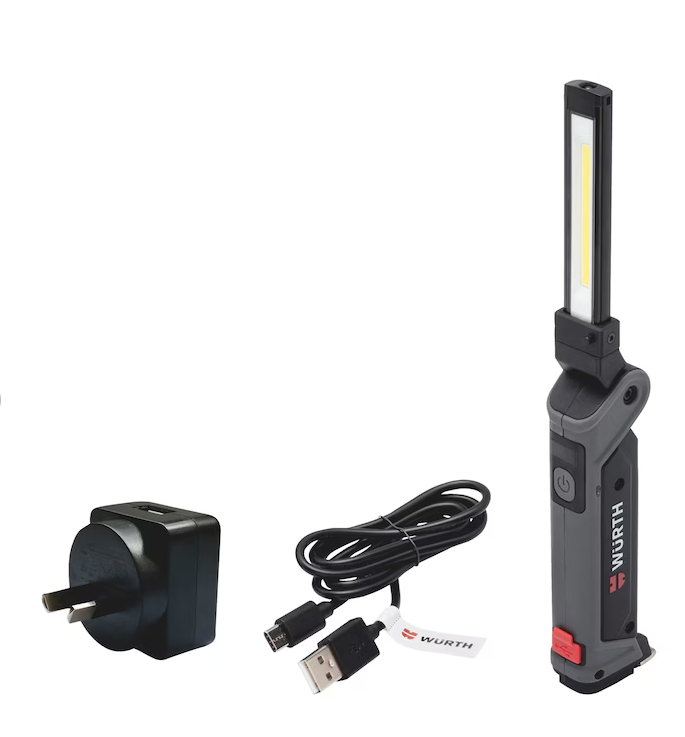 Wurth Cordless LED Handheld Work Lamp ERGOPOWER BEND+ â€“ 700 Lumen, Folding Head, USB Rechargeable