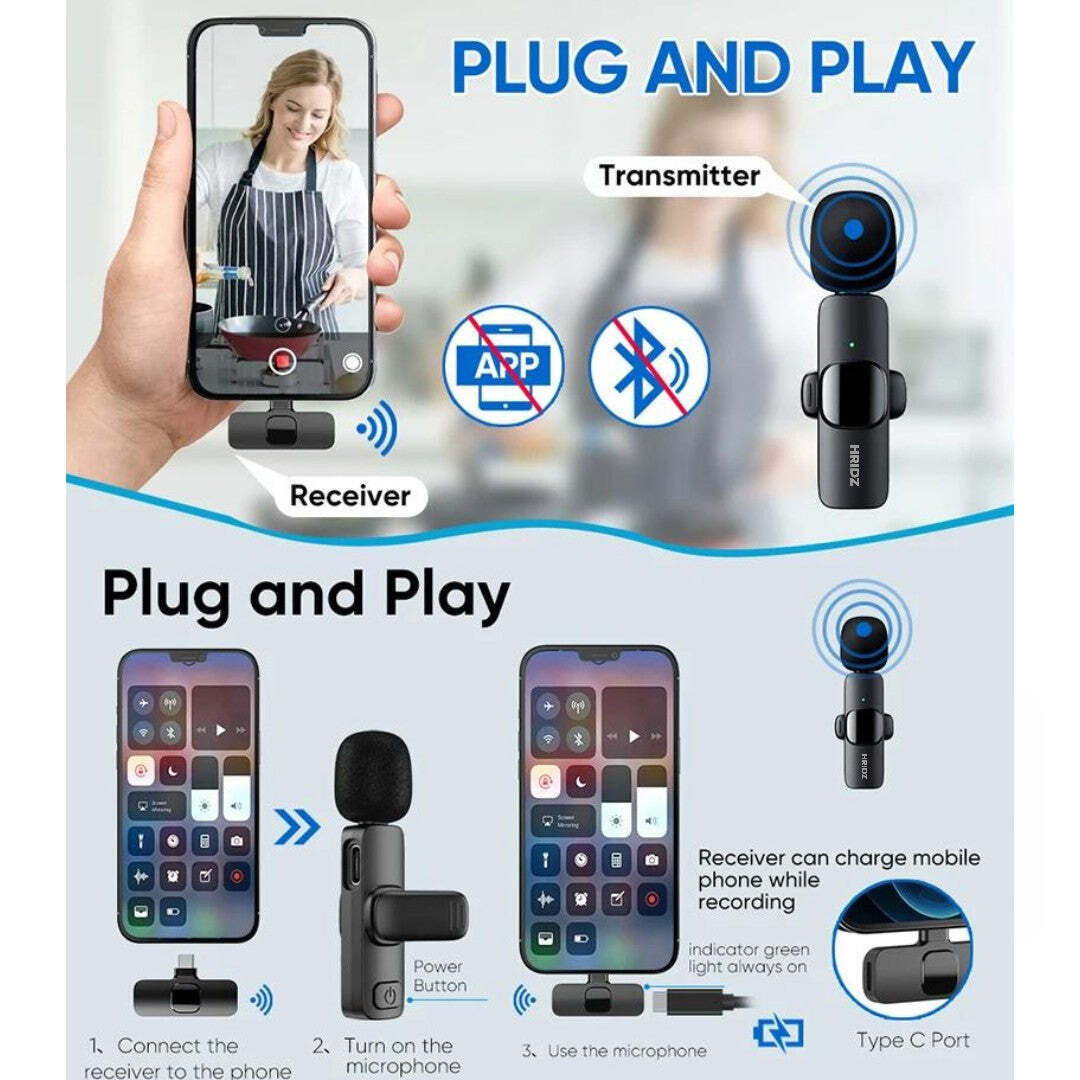 Hridz HZ9 Wireless Rechargeable 1 in 1 Microphone For fast connection Port Devices Recording Interview
