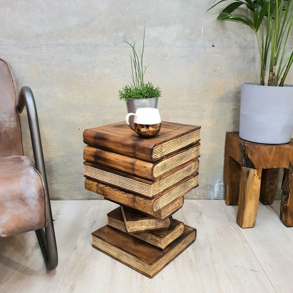Bookcases & Shelves: Side Table Book Stack Design w Storage Compartment Natural Burned