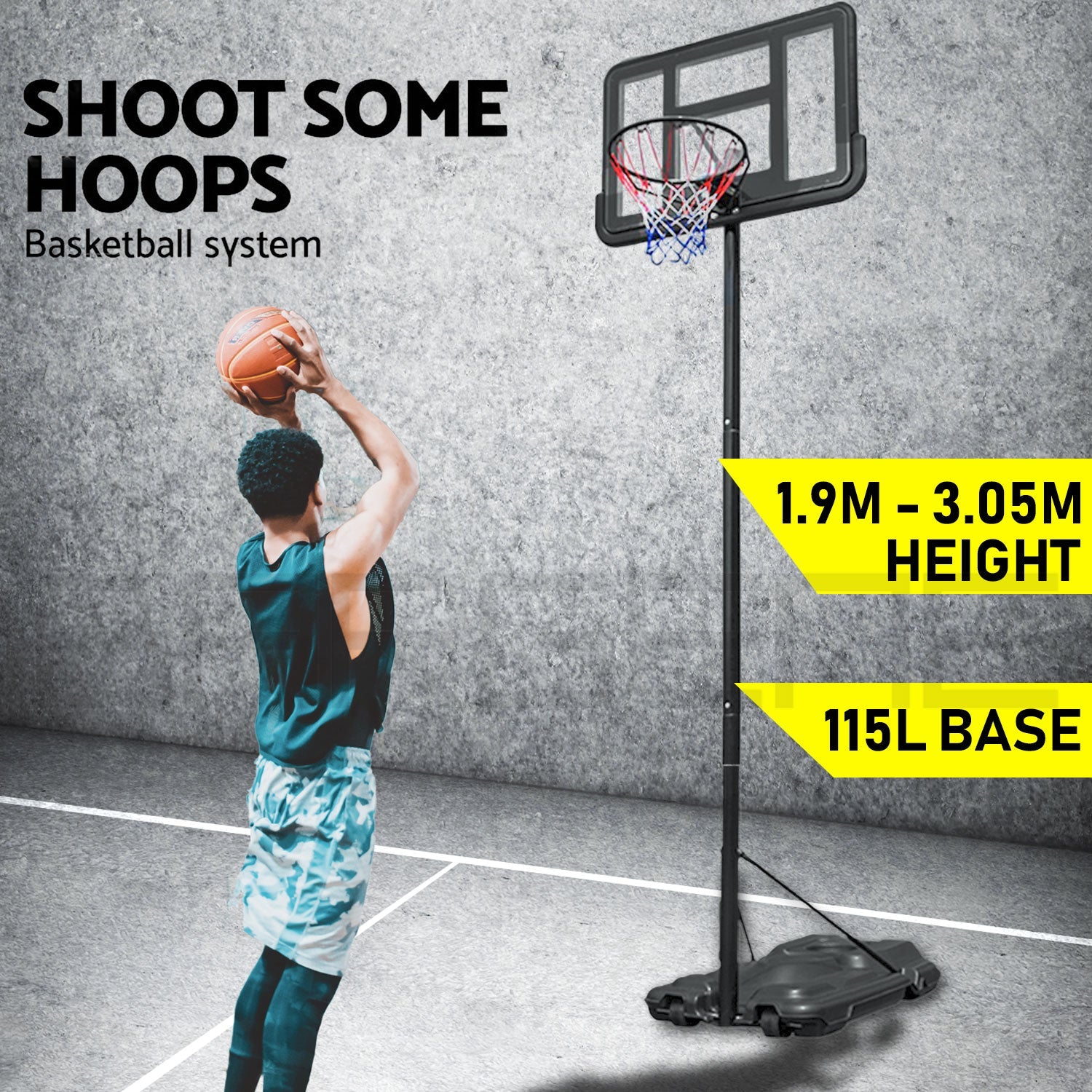 Basketball & Basketball Accessories: Basketball Hoop Stand System Portable Adjustable Height Ring Backboard Net Rim