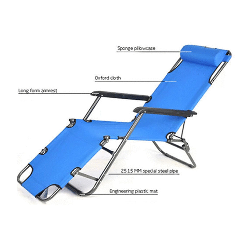 Camp Furniture: Reclining Sun Beach Deck Lounge Chair Outdoor Folding Camping Fishing Arm Rest - blue