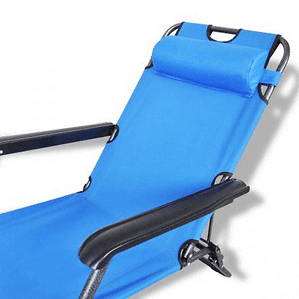 Camp Furniture: Reclining Sun Beach Deck Lounge Chair Outdoor Folding Camping Fishing Arm Rest - blue