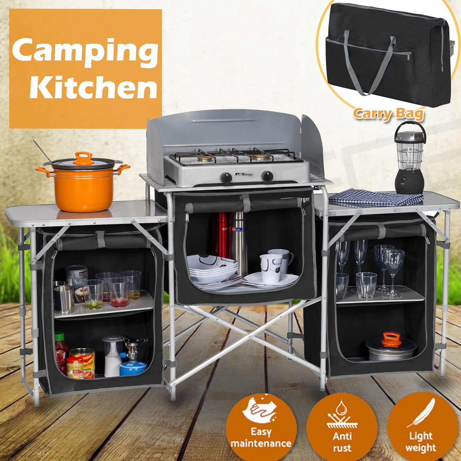 Awnings: Deluxe Aluminium Foldable Camping Kitchen Picnic Cupboard Bench Table Windshield