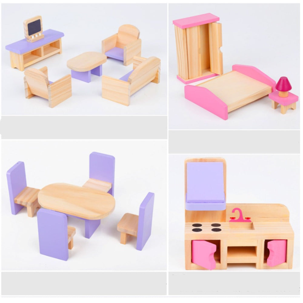 Wooden DIY Dolls Doll House 2 Level Kids Pretend Play Toys Full Furniture Set
