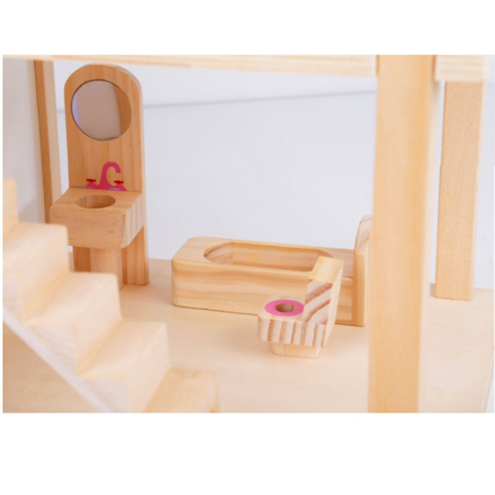 Wooden DIY Dolls Doll House 2 Level Kids Pretend Play Toys Full Furniture Set