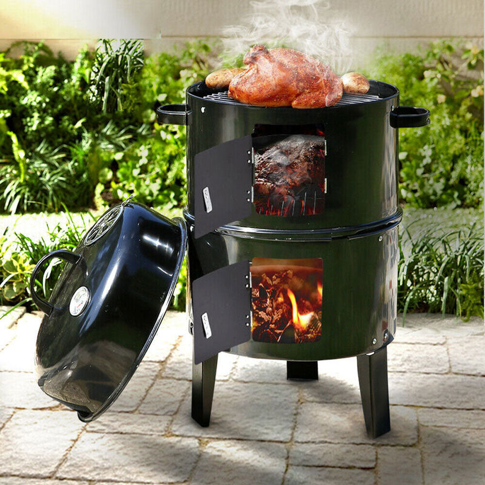 BBQ Tools: NEW 3in1 Portable Charcoal Vertical Smoker BBQ Roaster Grill Steel Water Steamer