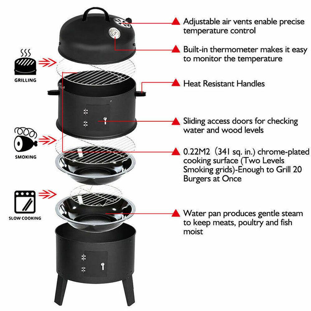 BBQ Tools: NEW 3in1 Portable Charcoal Vertical Smoker BBQ Roaster Grill Steel Water Steamer