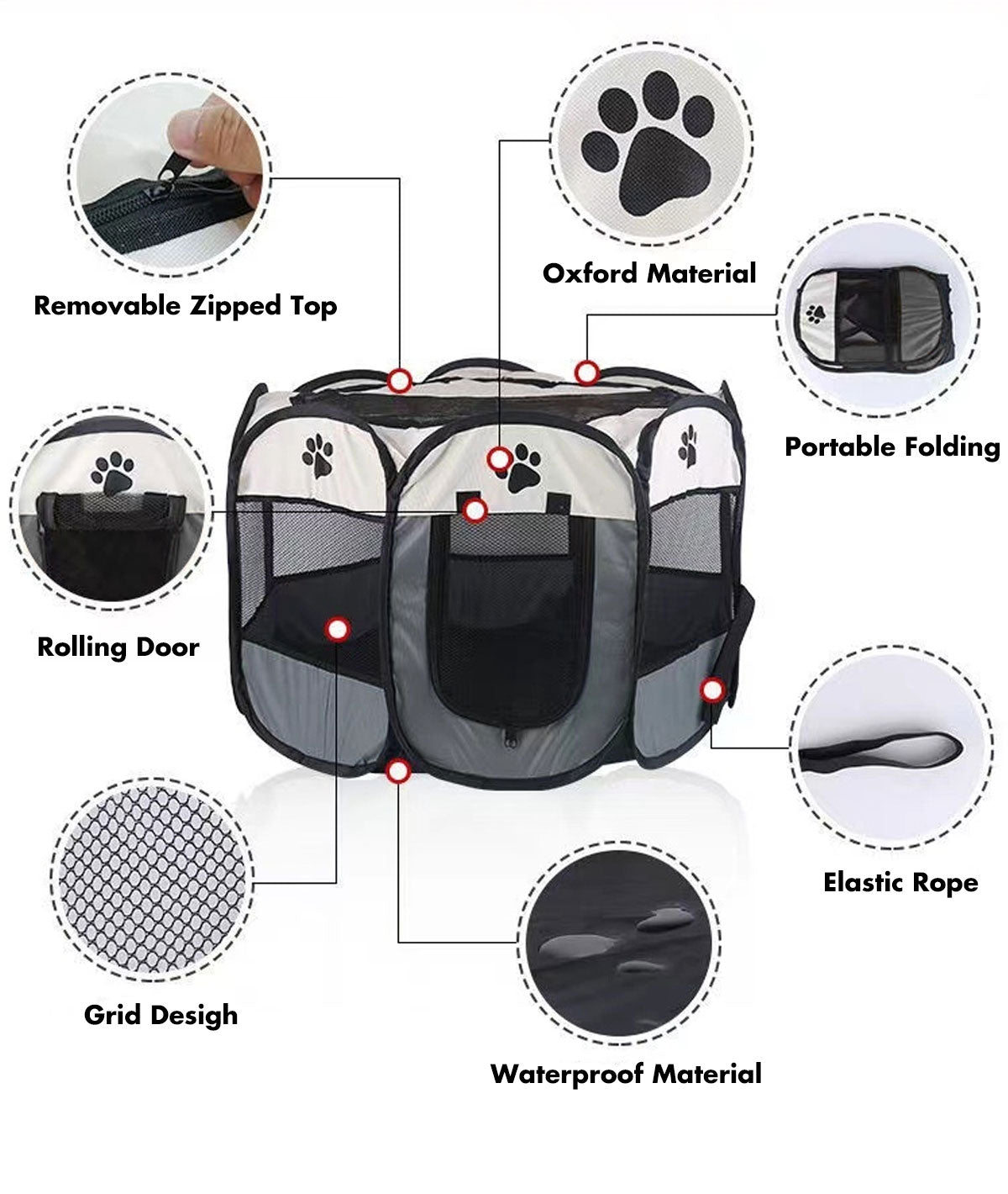 Dog Playpens & Gates: 8 Panel Pet Dog Cat Crate Play Pen Bags Kennel Portable Tent Playpen Puppy Cage Extra Large Grey