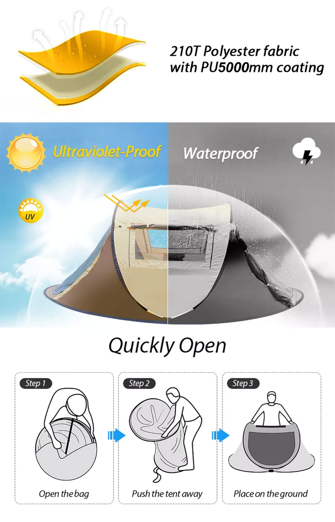 Tents: Waterproof Instant Up Beach Camping Tent 3 Person Pop up Tents Family Hiking Dome