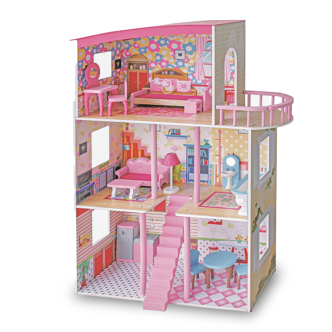 Pretend Play: Large Wooden Girls Doll House 3 Level Kids Pretend Play Toys Furniture Dollhouse