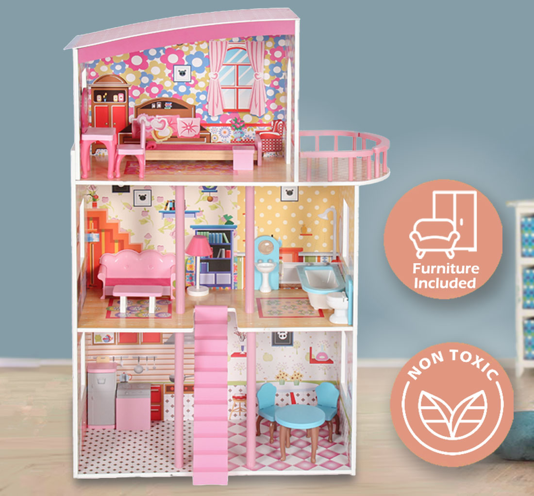Pretend Play: Large Wooden Girls Doll House 3 Level Kids Pretend Play Toys Furniture Dollhouse