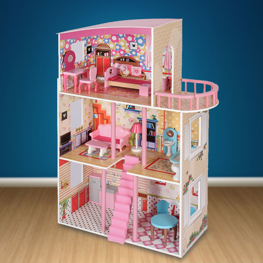 Pretend Play: Large Wooden Girls Doll House 3 Level Kids Pretend Play Toys Furniture Dollhouse