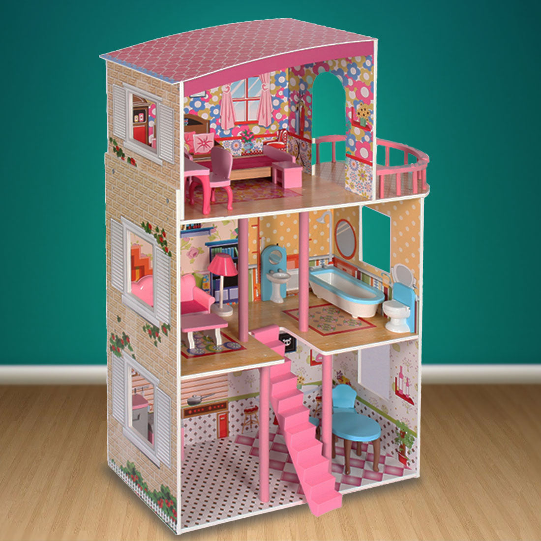 Pretend Play: Large Wooden Girls Doll House 3 Level Kids Pretend Play Toys Furniture Dollhouse