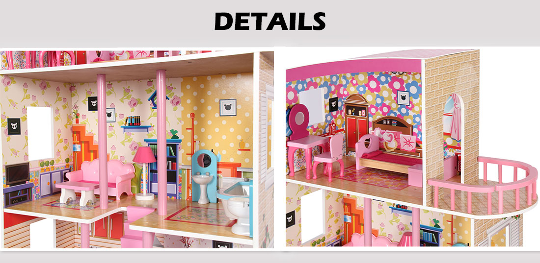 Pretend Play: Large Wooden Girls Doll House 3 Level Kids Pretend Play Toys Furniture Dollhouse