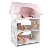 Pretend Play: Wooden DIY Dolls Doll House 3 Level Kids Pretend Play Toys Full Furniture Set Pink