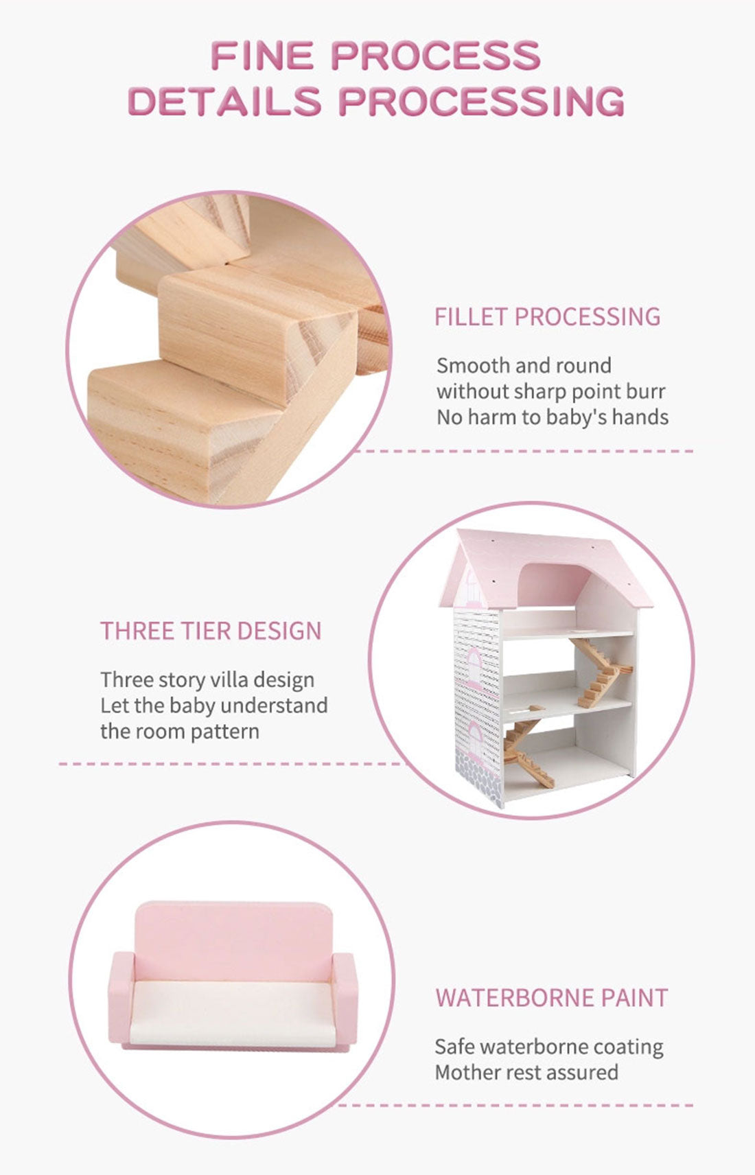 Pretend Play: Wooden DIY Dolls Doll House 3 Level Kids Pretend Play Toys Full Furniture Set Pink