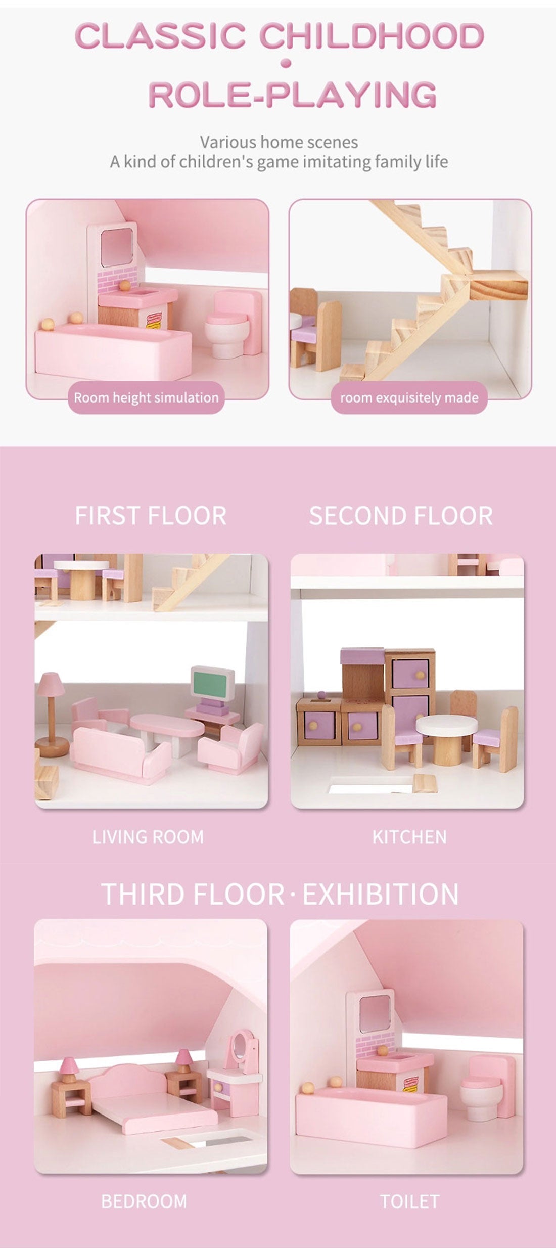Pretend Play: Wooden DIY Dolls Doll House 3 Level Kids Pretend Play Toys Full Furniture Set Pink