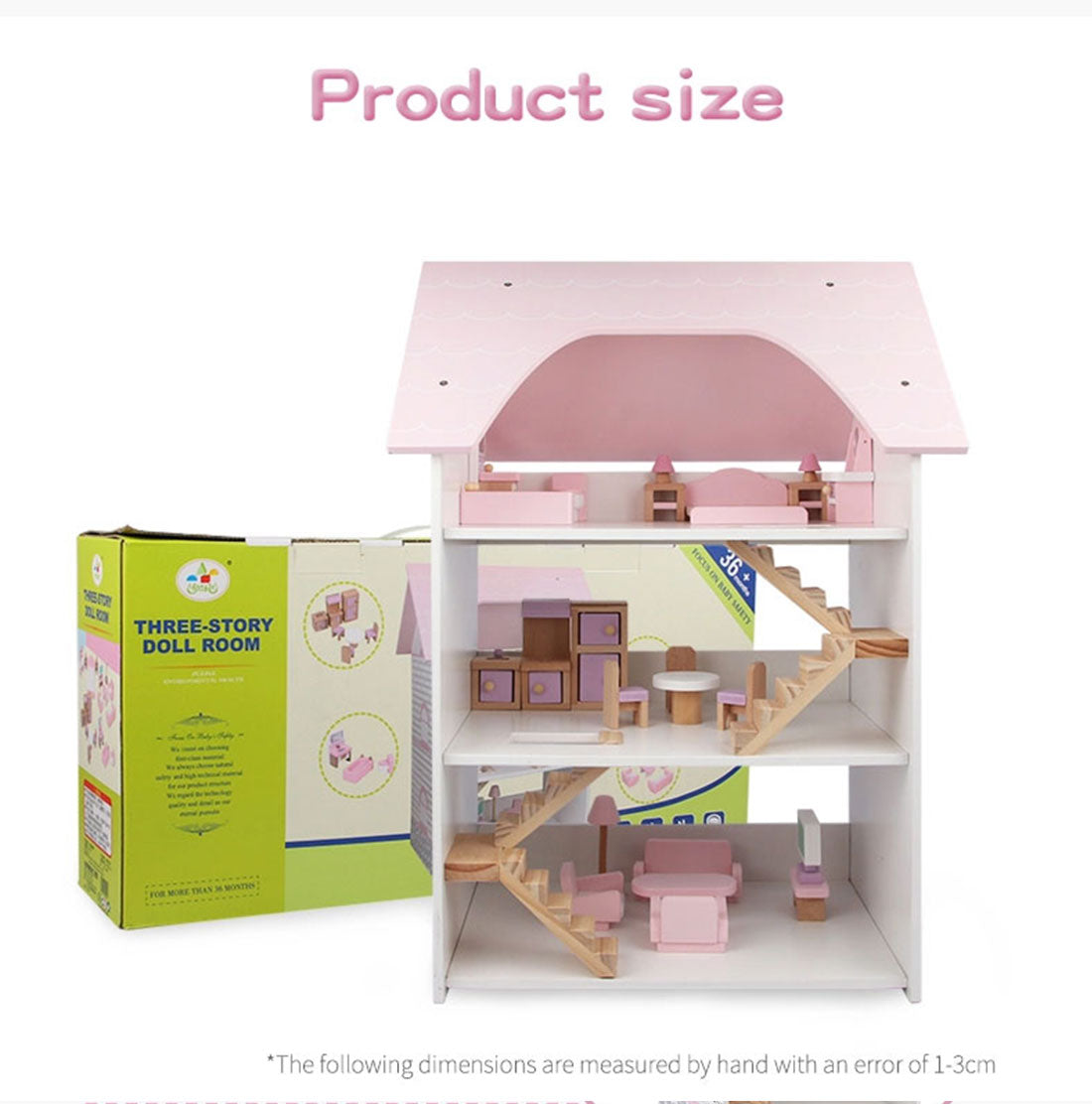 Pretend Play: Wooden DIY Dolls Doll House 3 Level Kids Pretend Play Toys Full Furniture Set Pink