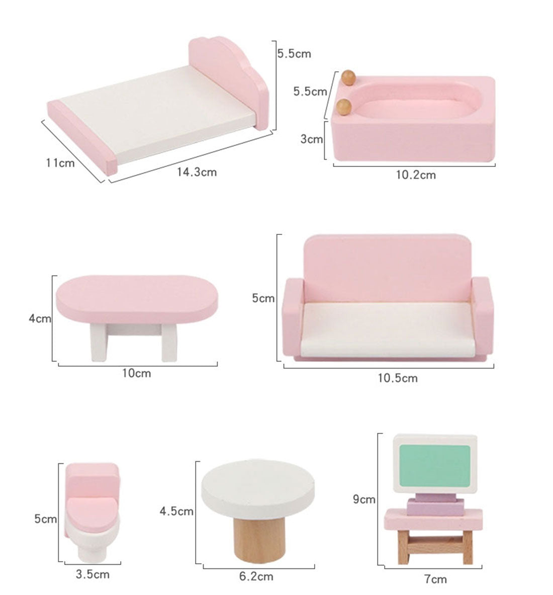 Pretend Play: Wooden DIY Dolls Doll House 3 Level Kids Pretend Play Toys Full Furniture Set Pink