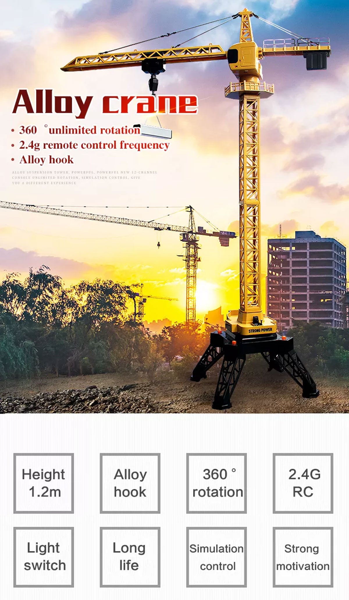 Ride On Cars: HUINA 1/14 12CH RC Alloy Tower Crane Engineering Construction Vehicle Toy Kids Car