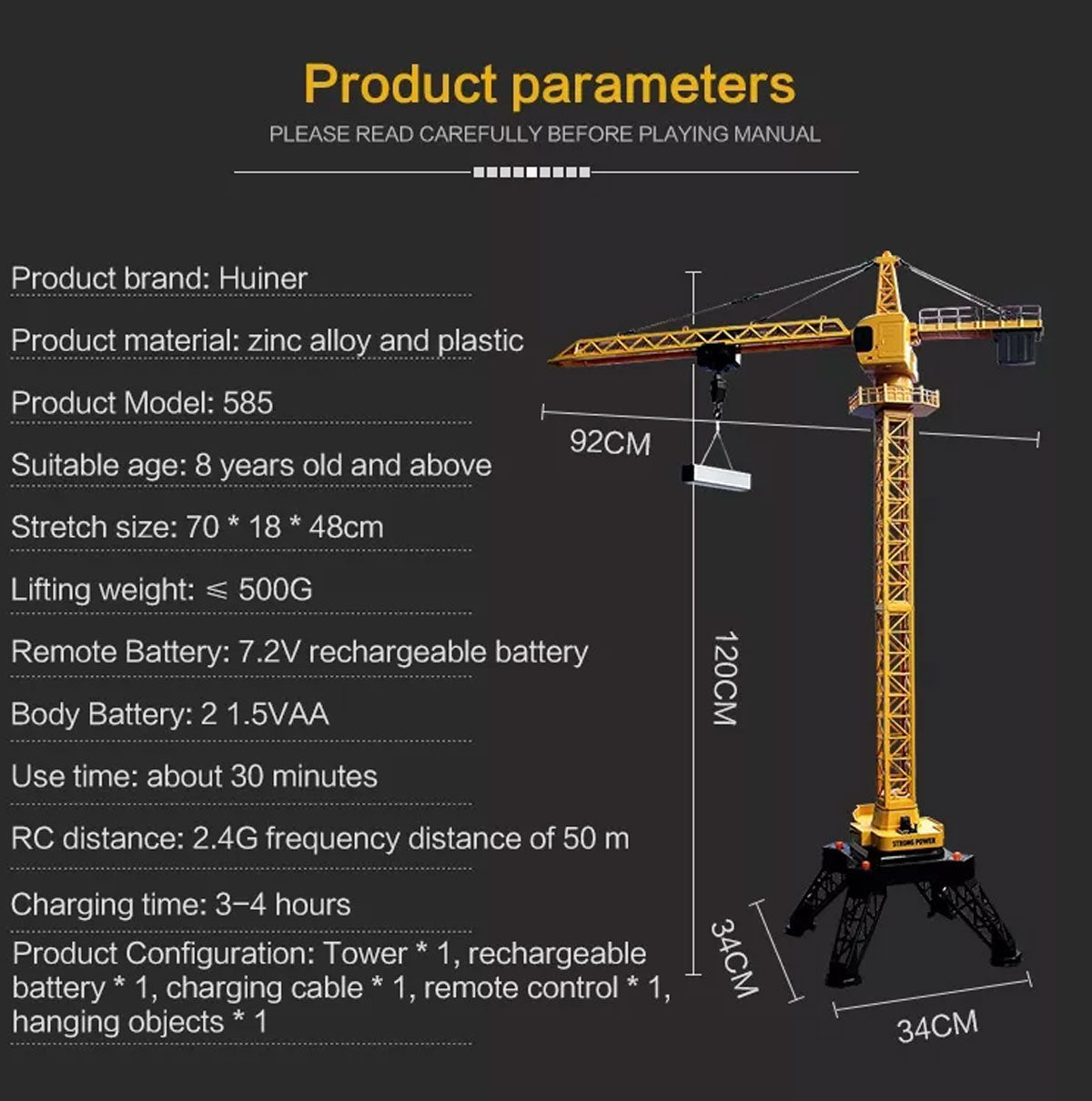Ride On Cars: HUINA 1/14 12CH RC Alloy Tower Crane Engineering Construction Vehicle Toy Kids Car