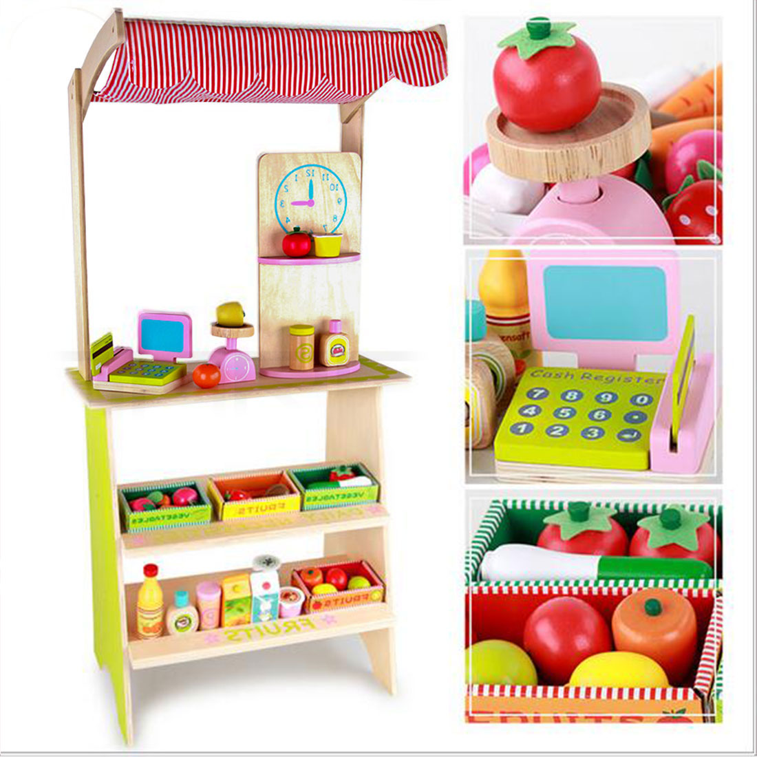 Pretend Play: Kids Wooden Toy Pretend Play Marketplace Stand Fruit Veg Shop Stall Supermarket