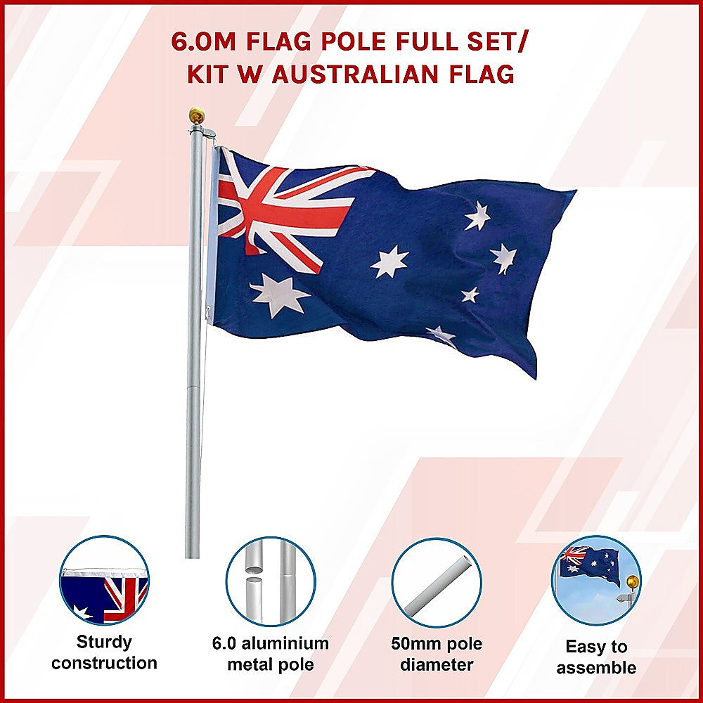 Canopies & Gazebos: 6.0m Flag Pole Full Set / Kit w Australian Flag