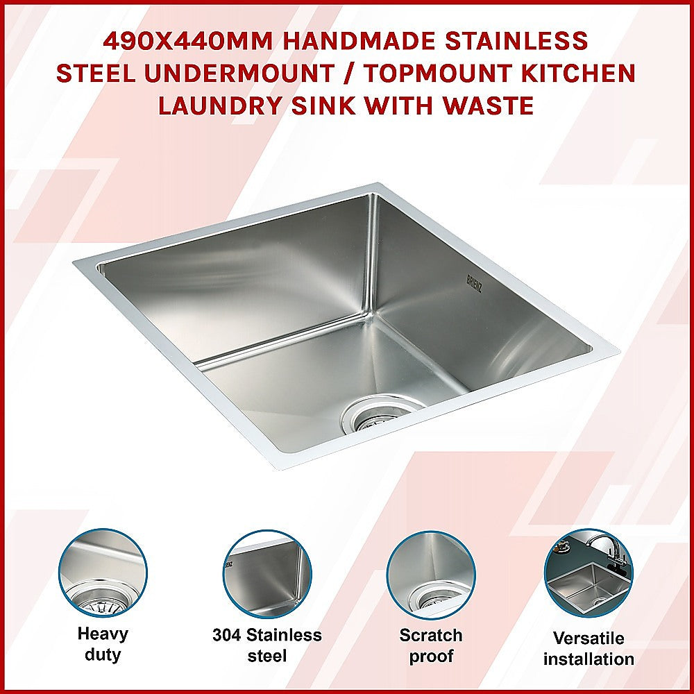 Kitchen Sinks: 490x440mm Handmade Stainless Steel Undermount / Topmount Kitchen Laundry Sink with Waste