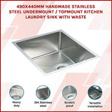 Kitchen Sinks: 490x440mm Handmade Stainless Steel Undermount / Topmount Kitchen Laundry Sink with Waste