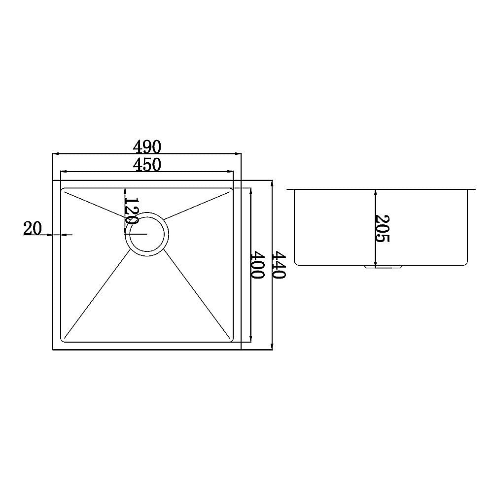 Kitchen Sinks: 490x440mm Handmade Stainless Steel Undermount / Topmount Kitchen Laundry Sink with Waste