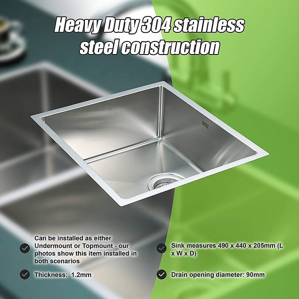 Kitchen Sinks: 490x440mm Handmade Stainless Steel Undermount / Topmount Kitchen Laundry Sink with Waste