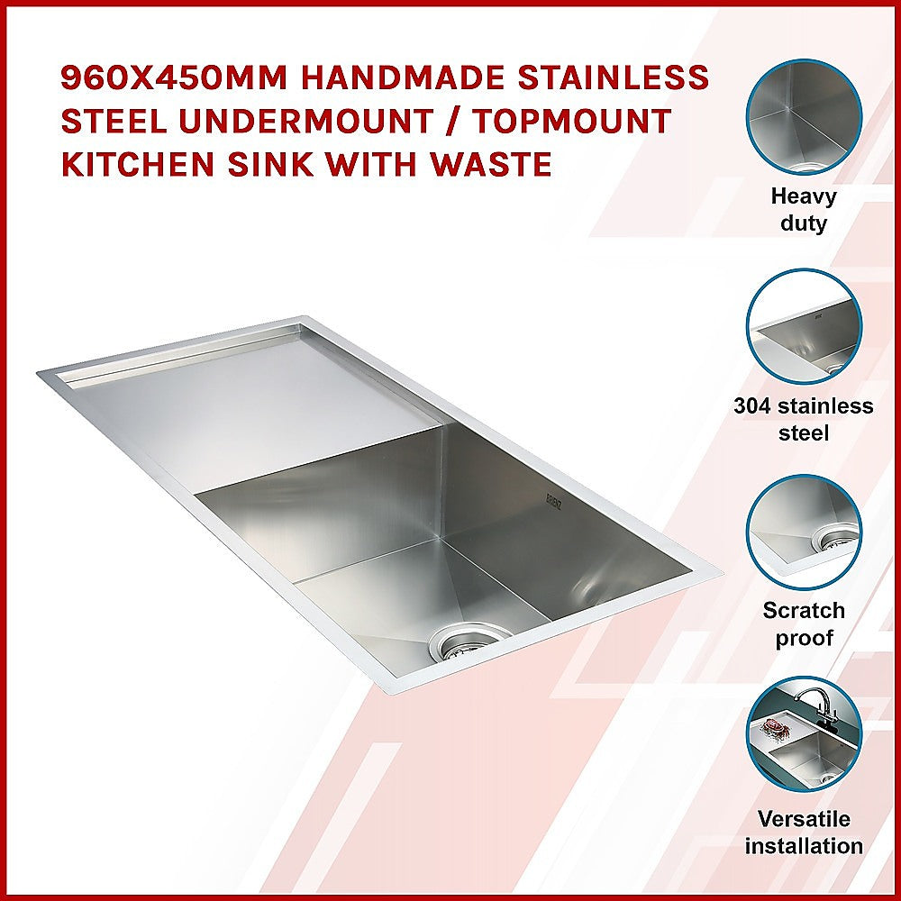 Kitchen Sinks: 960x450mm Handmade Stainless Steel Undermount / Topmount Kitchen Sink with Waste