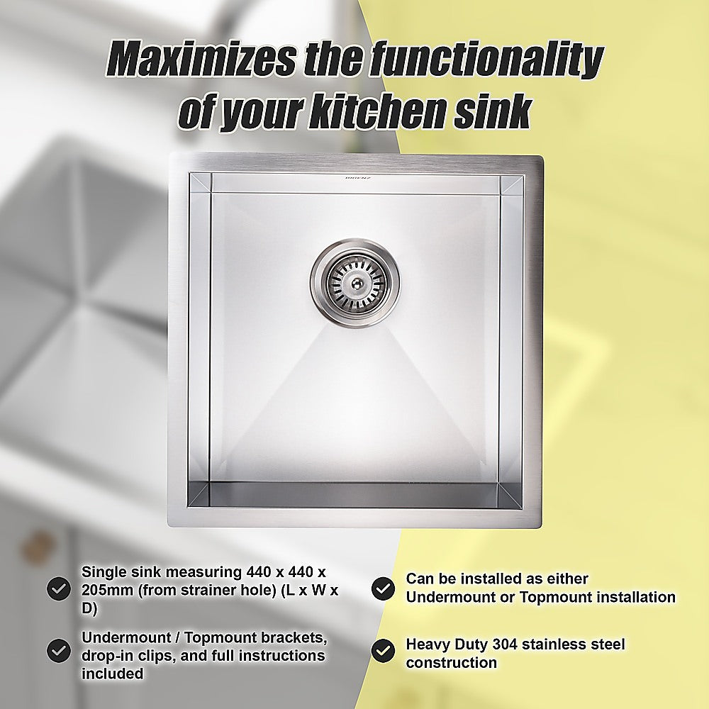 Sinks: 440x440mm Handmade Stainless Steel Undermount / Topmount Kitchen Laundry Sink with Waste