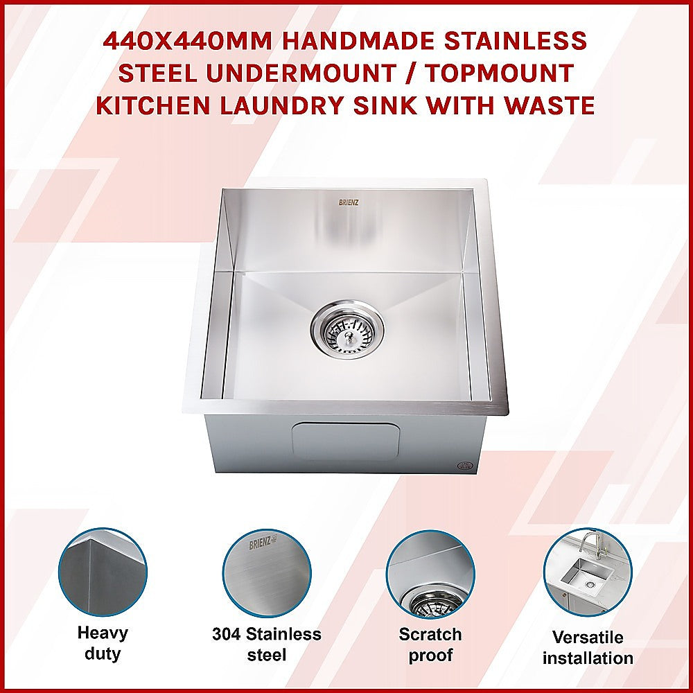Sinks: 440x440mm Handmade Stainless Steel Undermount / Topmount Kitchen Laundry Sink with Waste