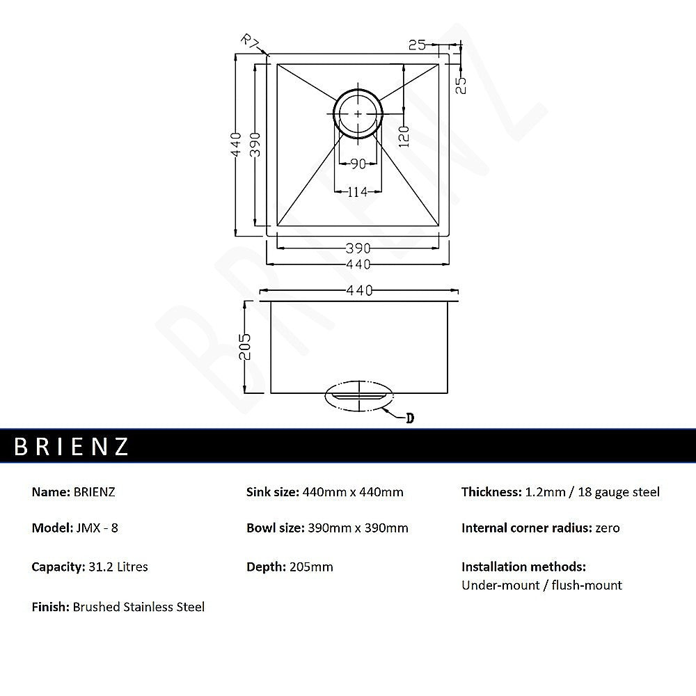 Sinks: 440x440mm Handmade Stainless Steel Undermount / Topmount Kitchen Laundry Sink with Waste
